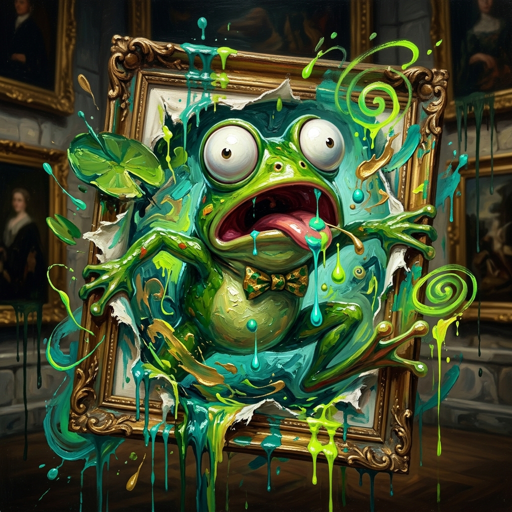Frogpanic mascot emerging from the painting